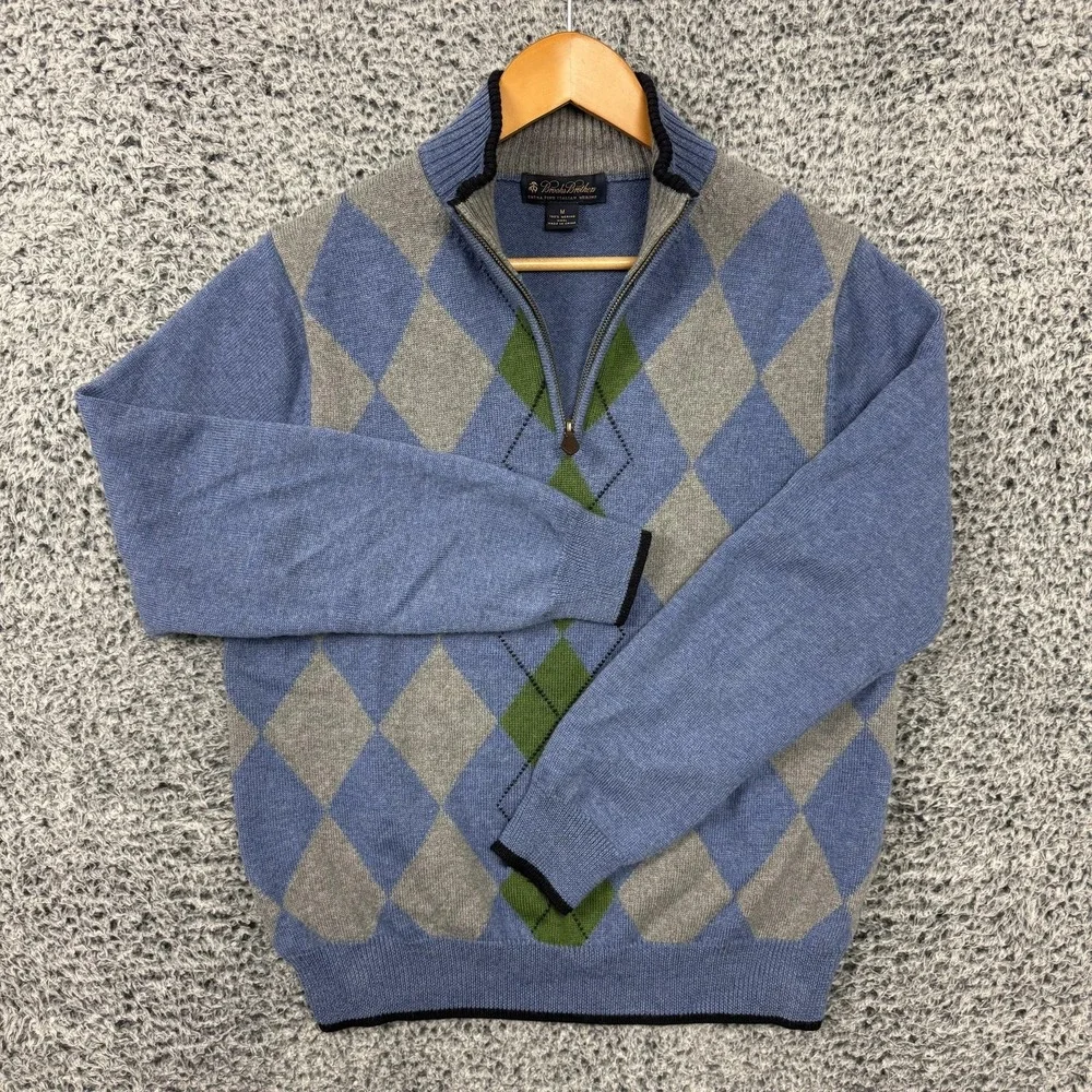 Brooks Brothers Sweater Mens Medium Blue Argyle 1/4 Zip Mock Neck Merino Knit
